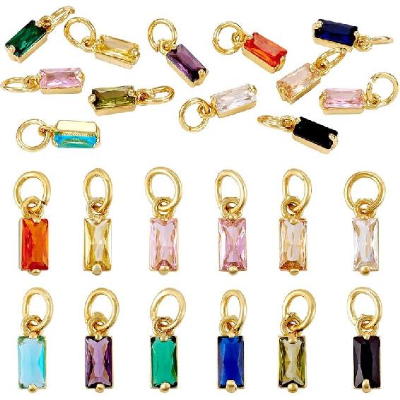 Pandahall 12Pcs 18K Gold Plated Rectangle Charms Cubic Zirconia Birthstone Charms Brass Crystal CZ Stone Pendants with Jump Ring for Jewelry Making