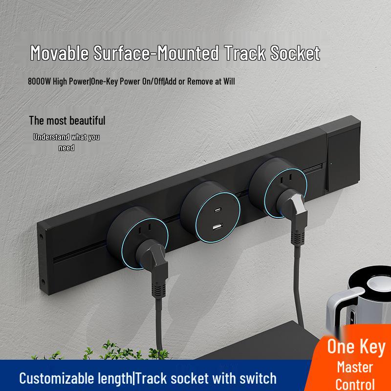 Surface-Mounted Anti-Shock Adjustable Power Strip with Switch Track for Kitchens