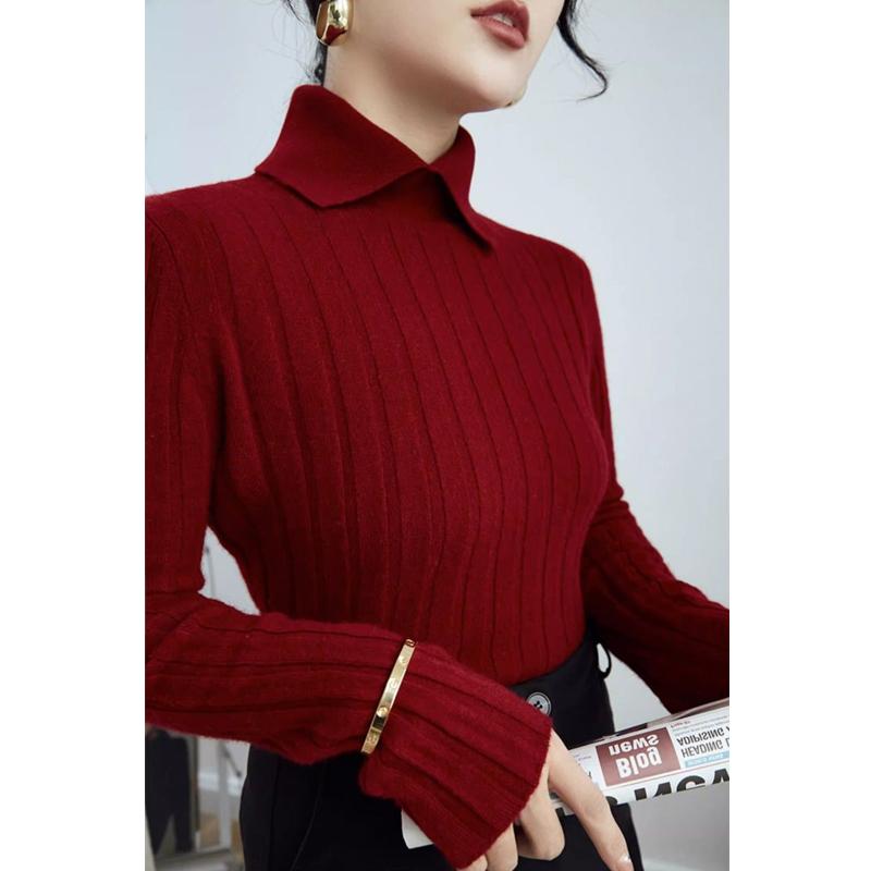 Autumn Winter Women Elegant Polo Collar Ribbed Knitted Sweater Solid Long Sleeve Slim Pullover Tops Basic Jumper Sweater