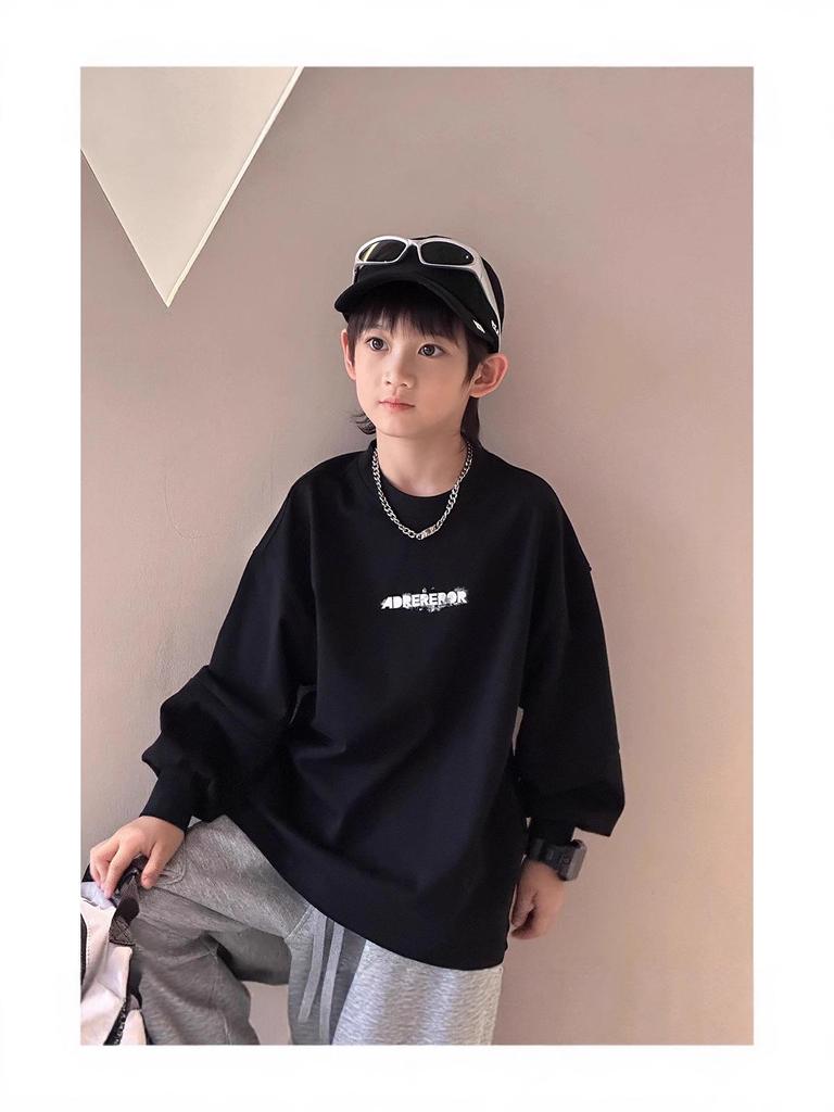 Chlapecké bavlněné tričko s dlouhým rukávem v korejském stylu - Bílé, Volné, Kolekce Podzim 2025