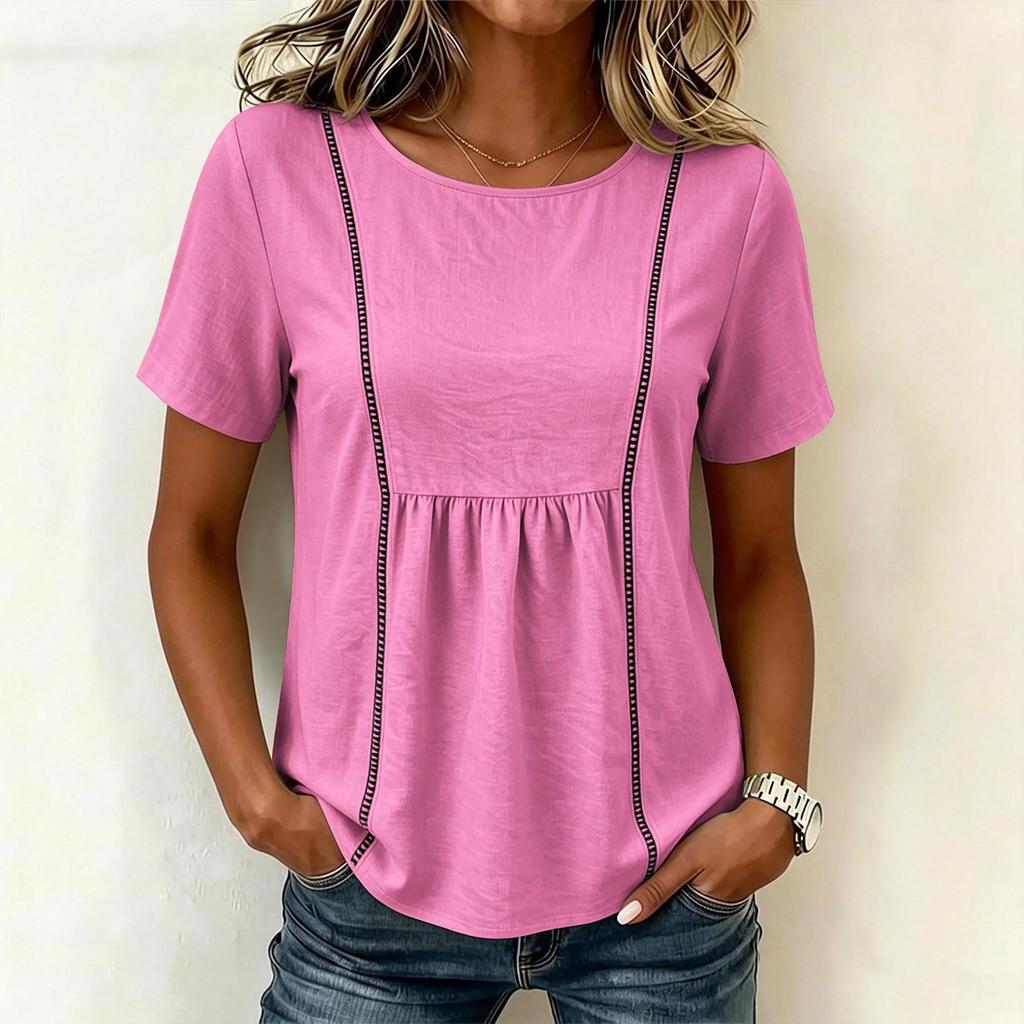 Women's Fashion Solid Color Round Neck Short Sleeve Patchwork Casual T Shirt Top Lightweight Comfortable Summer Tee