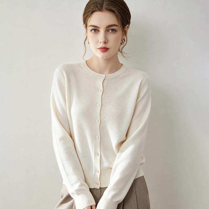 Lekasha Women's 100% Wool Round Neck Long Sleeve Cardigan