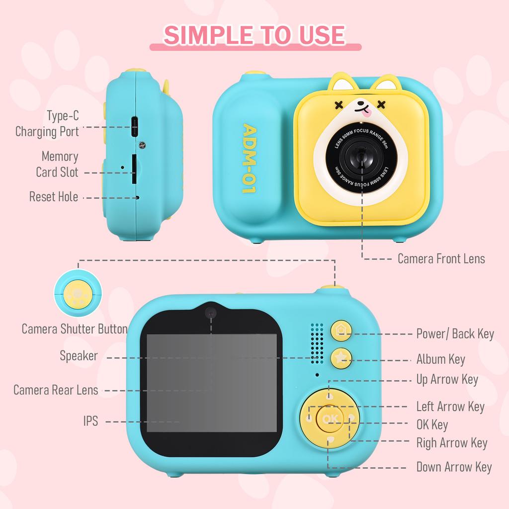 1080P Kids Digital Camera Mini Video Camera for Kids 48MP 2.4 Inch IPS Screen Dual Lens Built in Battery with 32GB