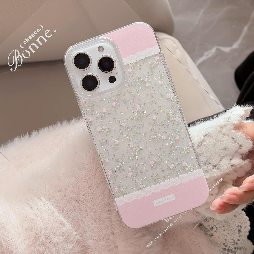 Pink Flower Embroidery Suitable for Apple 16promax Mobile Phone Case 17 Glitter Powder Iphone14 Art 11 Hanging Chain 13