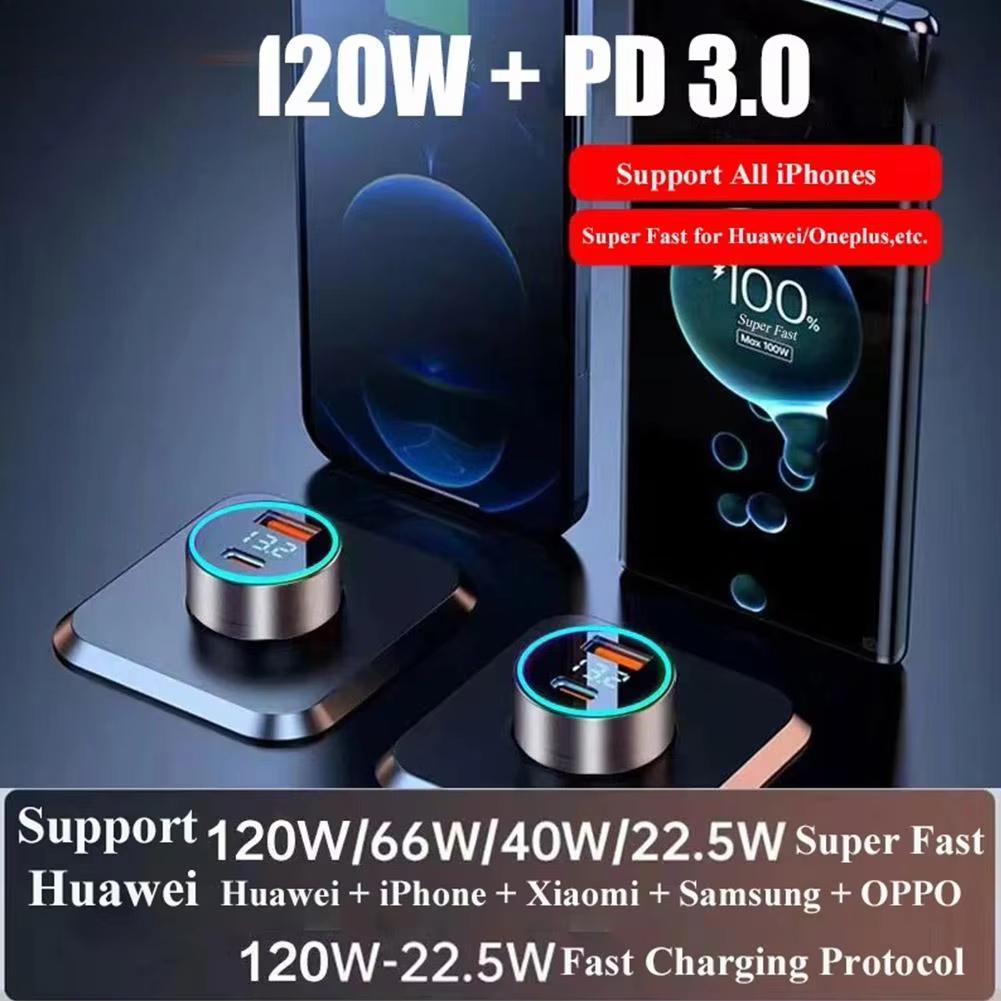 

120W USB Digital Display Car Charger Fast Charging 2 port USB PD Charger in Car PD Car Adapter For iPhone15 Car Lighter Splitter чорний