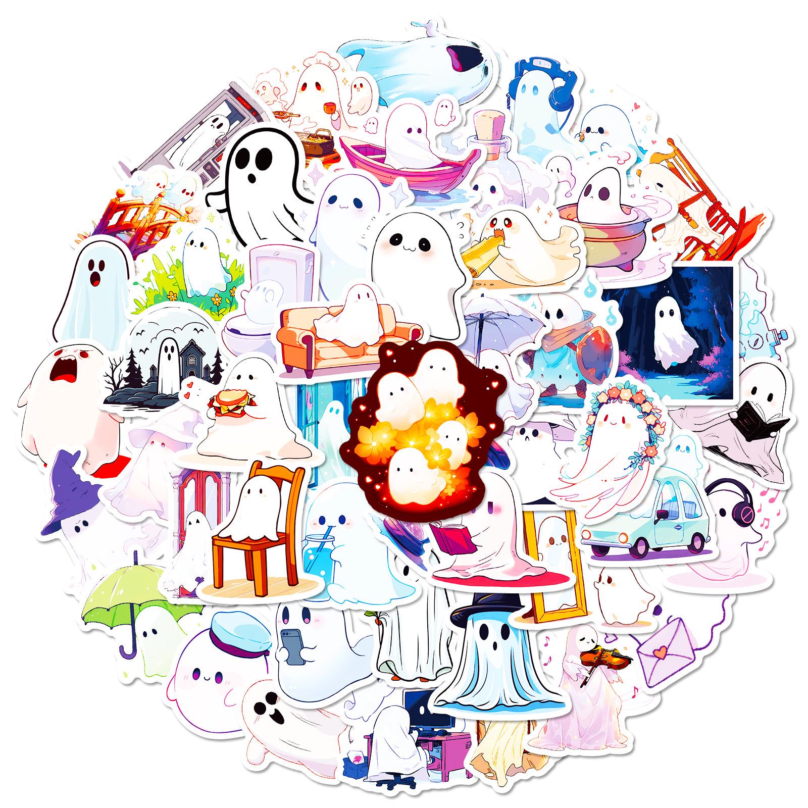 50 White Ghost Cartoon Stickers: Dancing Devils & Ghost Series Graffiti Set