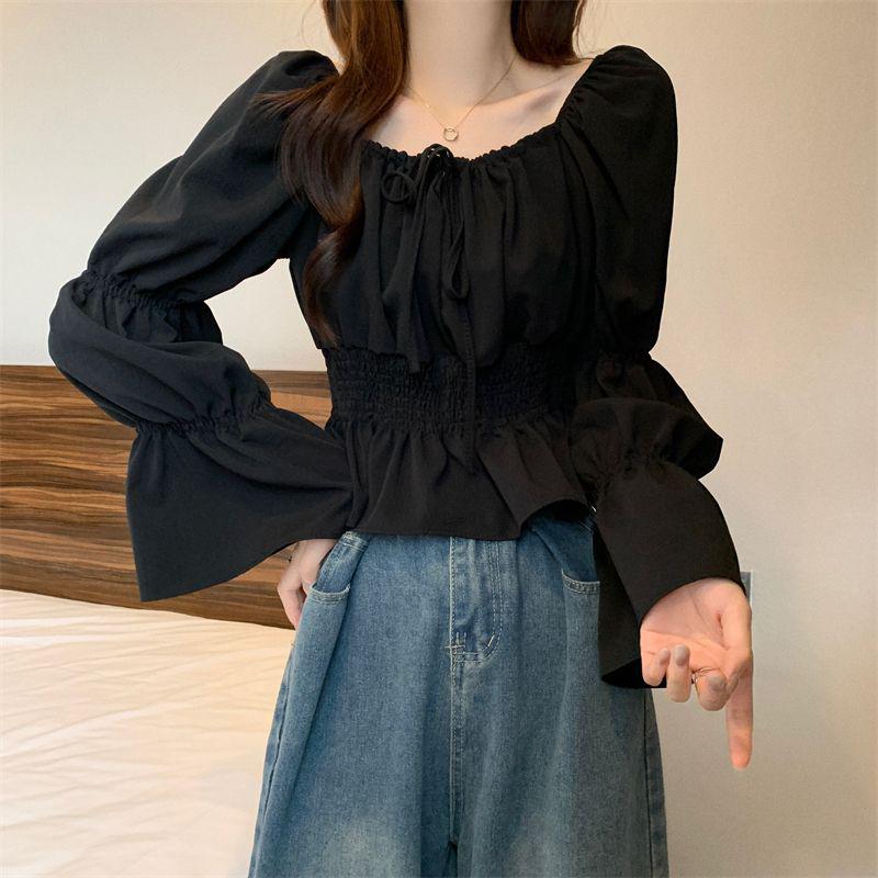 French Puff Sleeve Ruffle Top: Niche Design, Gentle Clavicle Style, Waist-Cinching, Versatile & Elegant