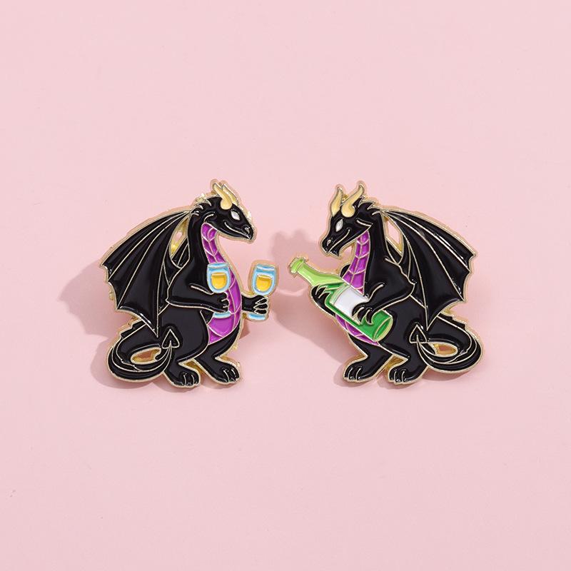 Playful Dinosaur Black Drink Cup Metal Brooch Creative Animal Badge Accessory For Fashion Enthusiasts
