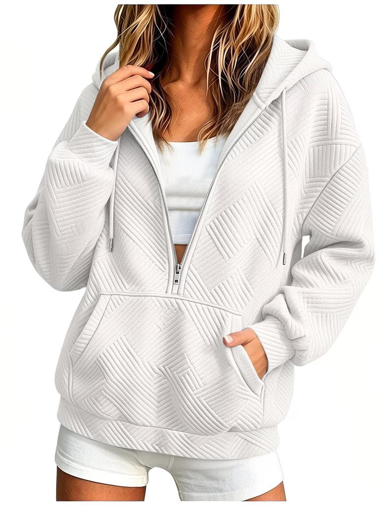 European and American Jacquard Zip-Up Hooded Cardigan with Drawstring Pockets