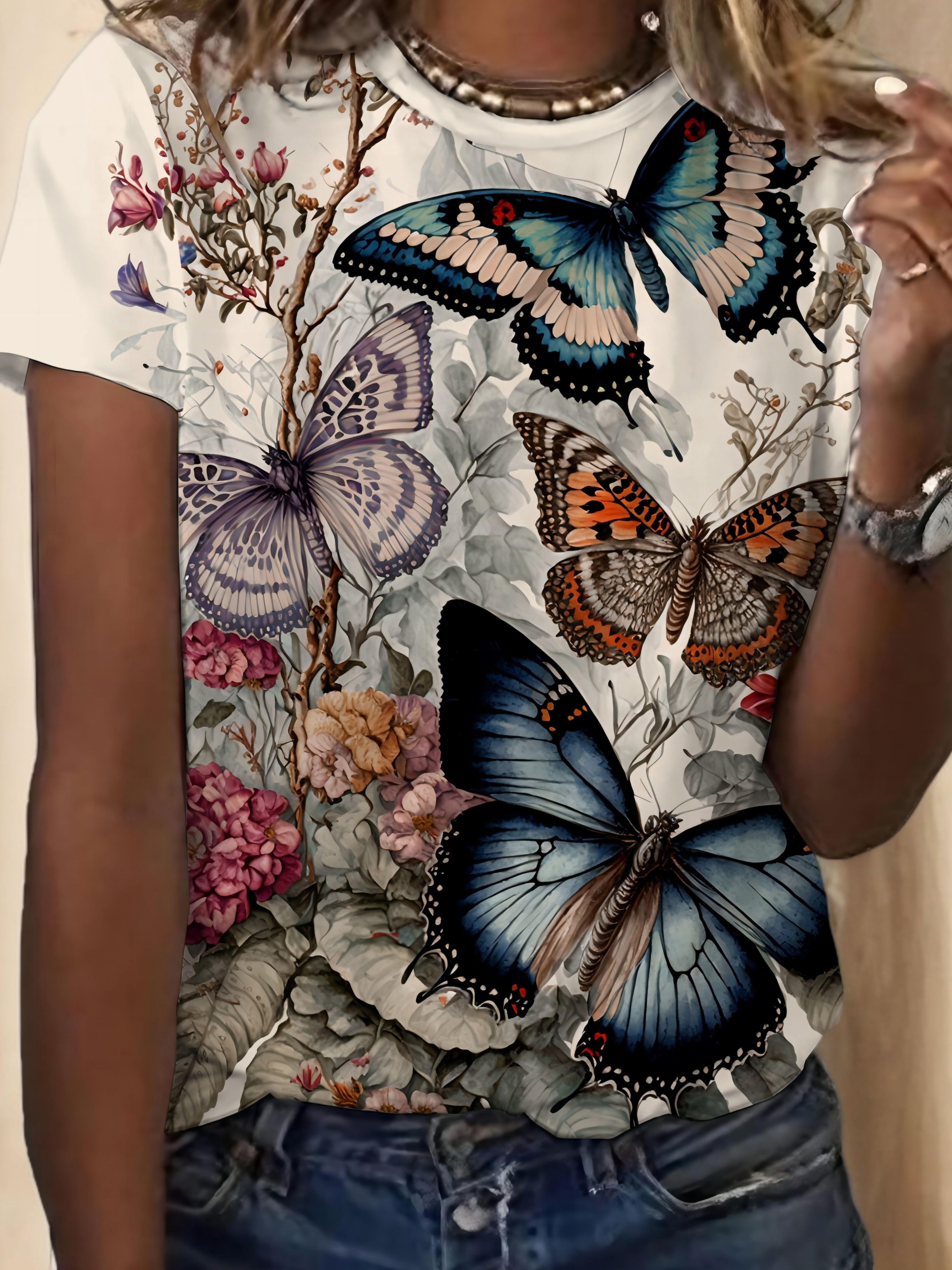 

Women s Casual Butterfly Print T-shirt. 3D Printed Short Sleeve Top. Fashionable Crew Neck Tee for Daily Wear 3XL дубильная кора