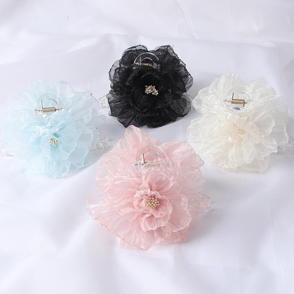 New Organza Flower Big Hair Claws Clips Women Girls Spring Chiffon Barrette Hair Clamps Elegant Ponytail Holder Hair Accessories