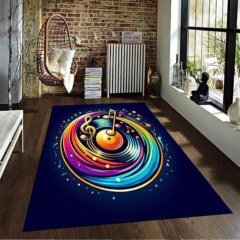Music-Themed Carpet with Colorful Notes and Vinyl Record Design Suitable for use as an anti-slip for living room bedroom sofas