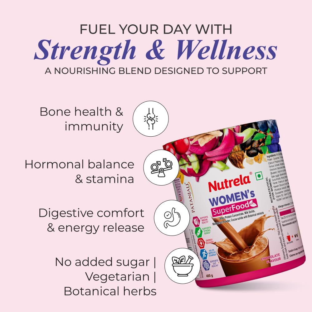 Nutrela Womens Superfood with Biofermented Vitamins & Minerals with Whey Protein Supplement Powder - 400gm, Chocolate (pack of 2)