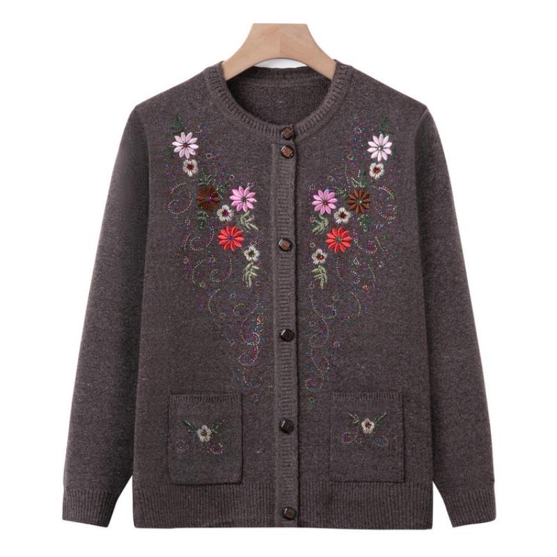 Old Lady Autumn and Winter Knitted Sweater Jacket Grandma Thin Embroidered Sweater Middle Old Man Mother Cardigan