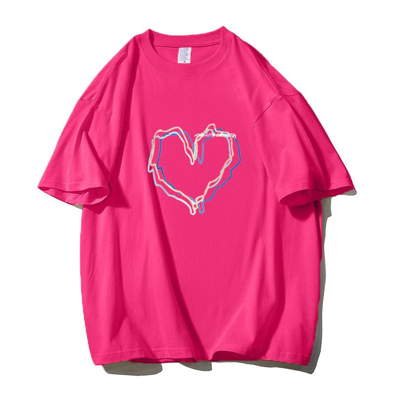 Shellsuning Loose O Neck Cotton Printed Shirts Women Summer Kawaii Heart Graphic Tees Female Casual Short Sleeve Base Black Tops