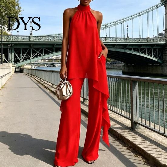Comfortable Women Outfit Women's Chiffon 2 Piece Sets, Asymmetrical Halter Sleeveless Tops with Plus Size Casual Suit Wide Leg Pants Summer