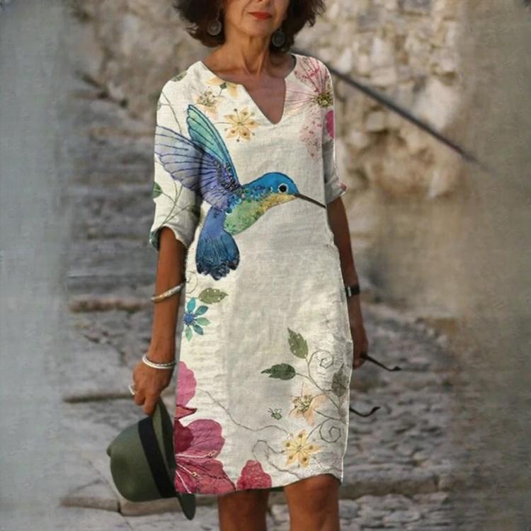 GMXIA Sommertrykk løs bambusfiber hamp blomster kortermet dame vintage litterær fem-kvarts erme med rund hals