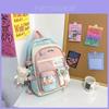 Fashion Color Blocked Student Backpack With Colorful Ball Pendant Badge Decor For Casual Travel And Daily Use