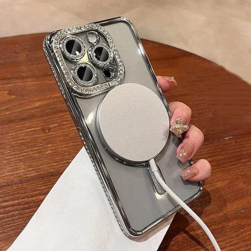 Luxury Diamond Glitter Woman Case For iPhone 15 14 12 11 13 Pro Max Plus For Magsafe Magnetic Wireless Charge Cover Accessories