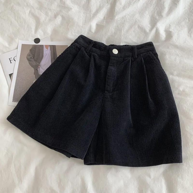 Corduroy Shorts for Women Autumn Winter Vintage Style Clothing Solid Wide-leg Shorts Casual Elastic Waist A-line Pants