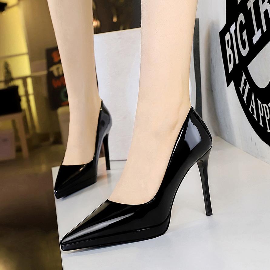 Fashion Banquet Women's Shoes with Fine Heels, Patent Leather, Shallow Mouth, Pointed Toe, Super High Heels, Waterproof Platform Shoes