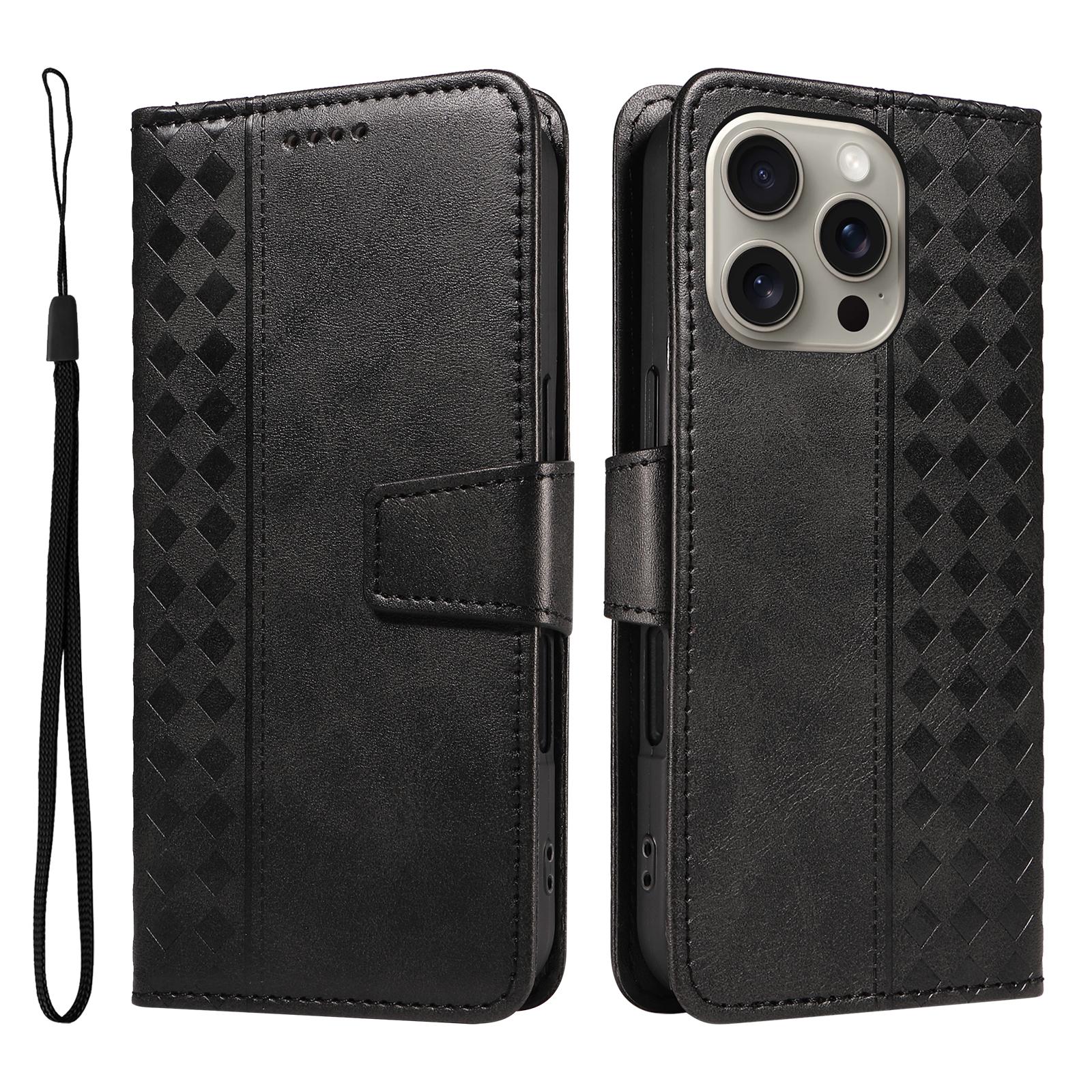 

For iPhone 15 Pro Max Leather Case Wallet Stand Grids Imprinted Phone Cover with Strap Black