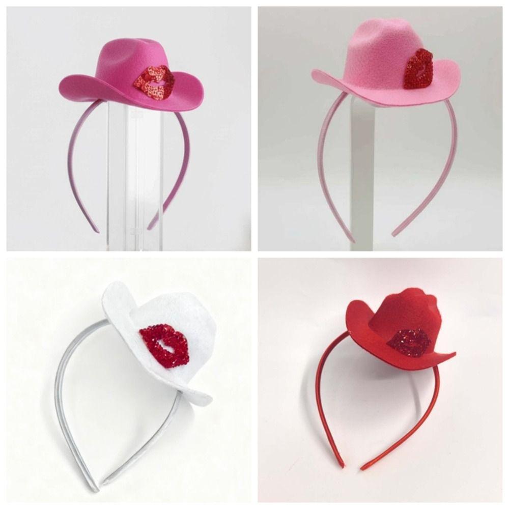 Filz Rosa Cowboyhut Stirnband Kunststoff Glänzender Lippenabdruck Haarband Valentinstag Haarreif Frauen