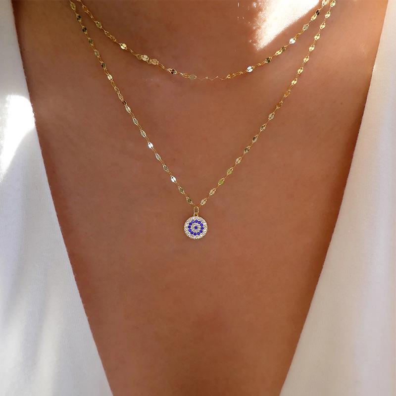 Crystal Devil's Eye Necklace New Gold-plated Double-layer Fashion Personality Alloy Pendant Sweater Chain Women