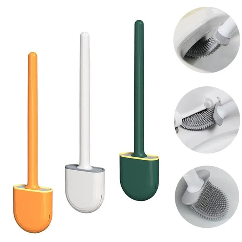 Bathroom Silicone Toilet Brush Holder Ventilation Slot Base Non-slip Plastic Handle Bendable Cleaning Corner Brush