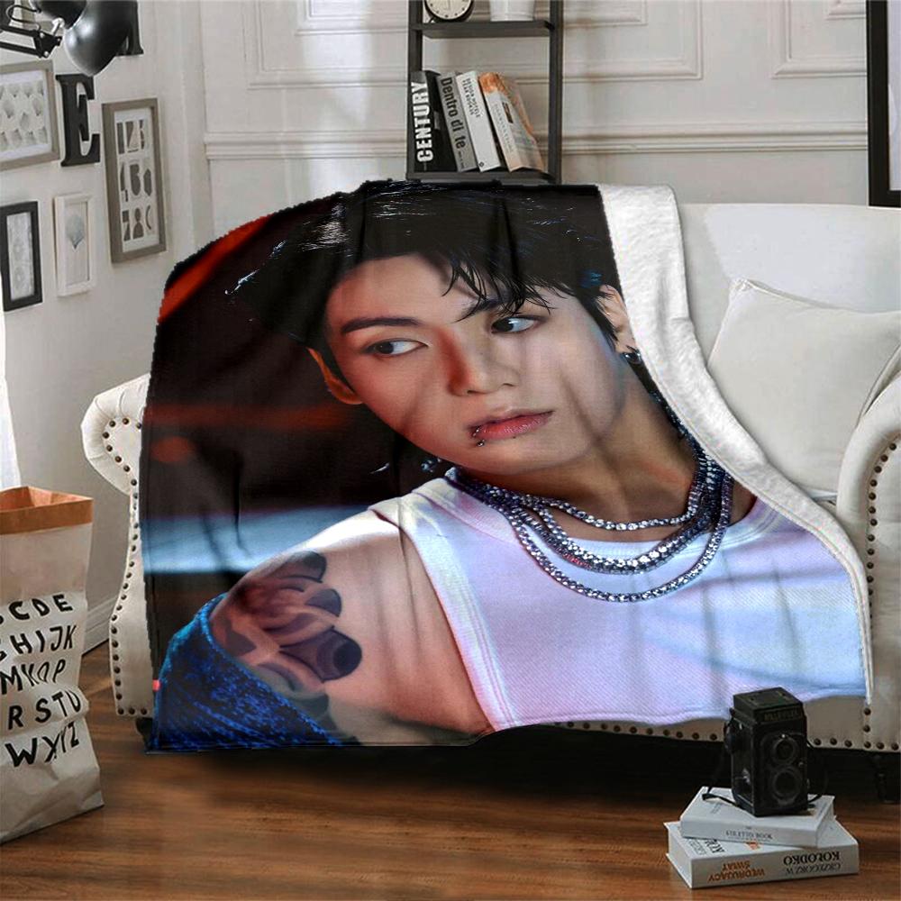 1Pc Bts Jung Kook Print Blanket Soft Comfortable Polyester Blanket All Season Use Bedroom Office Outdoor Ideal Christmas Gift Choice Print Home Blanke