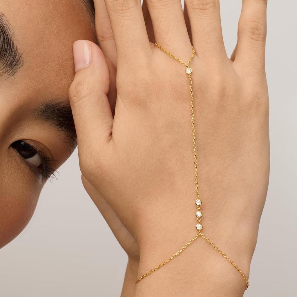 Stylish 18k Gold-Plated Titanium Bracelet with Diamond-Studded Bead & Finger Chain