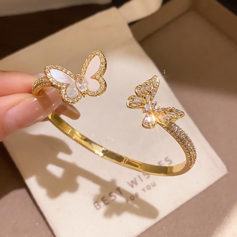 Elegant Zircon Butterfly Open Cuff Bracelet - Gold-Plated, Versatile Luxury Jewelry for Women.