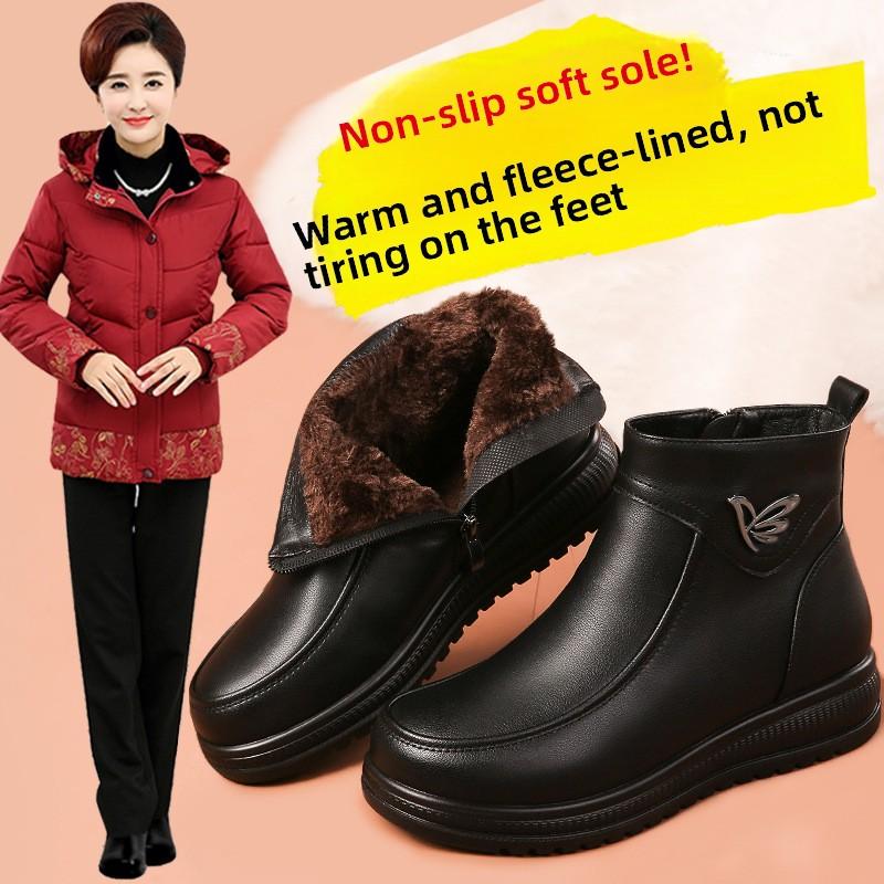 Mode Winter Damen Elegant Komfort Weiche Sohle Leder Stiefeletten Dick Plüsch Warm Schnee Mutter Wasserdicht Rutschfeste Stiefel