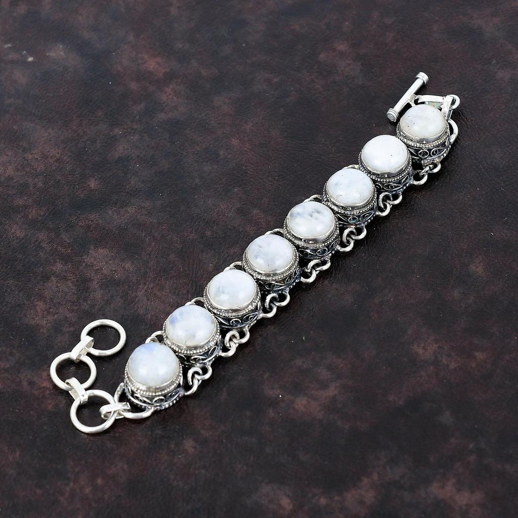Rainbow Moonstone Bracelet 925 Sterling Silver Bracelet Adjustable Chain Bracelet Handmade Gemstone Jewelry Gift For Mother Vintage Bracelet