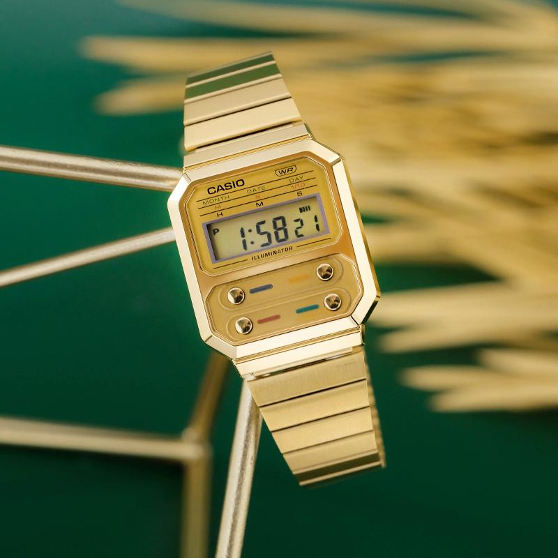Casio Youth Series Metal Square Pac-Man Retro Luminous Waterproof Watch Quartz Movement Stainless Steel Strap Men watches Gold A100WEG-9APR