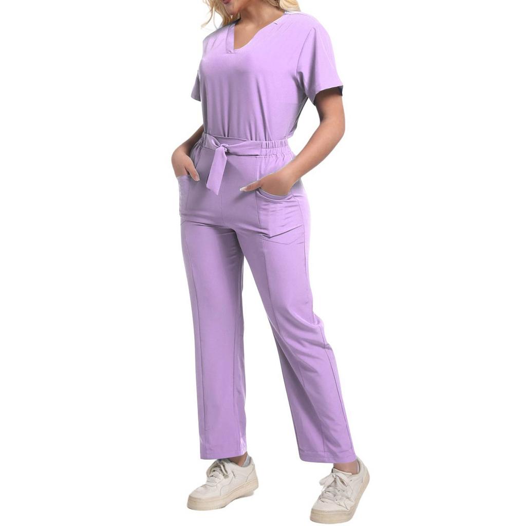 Damen Mode Kurzarm V-Ausschnitt Gemustert Tops Tasche Arbeits Set