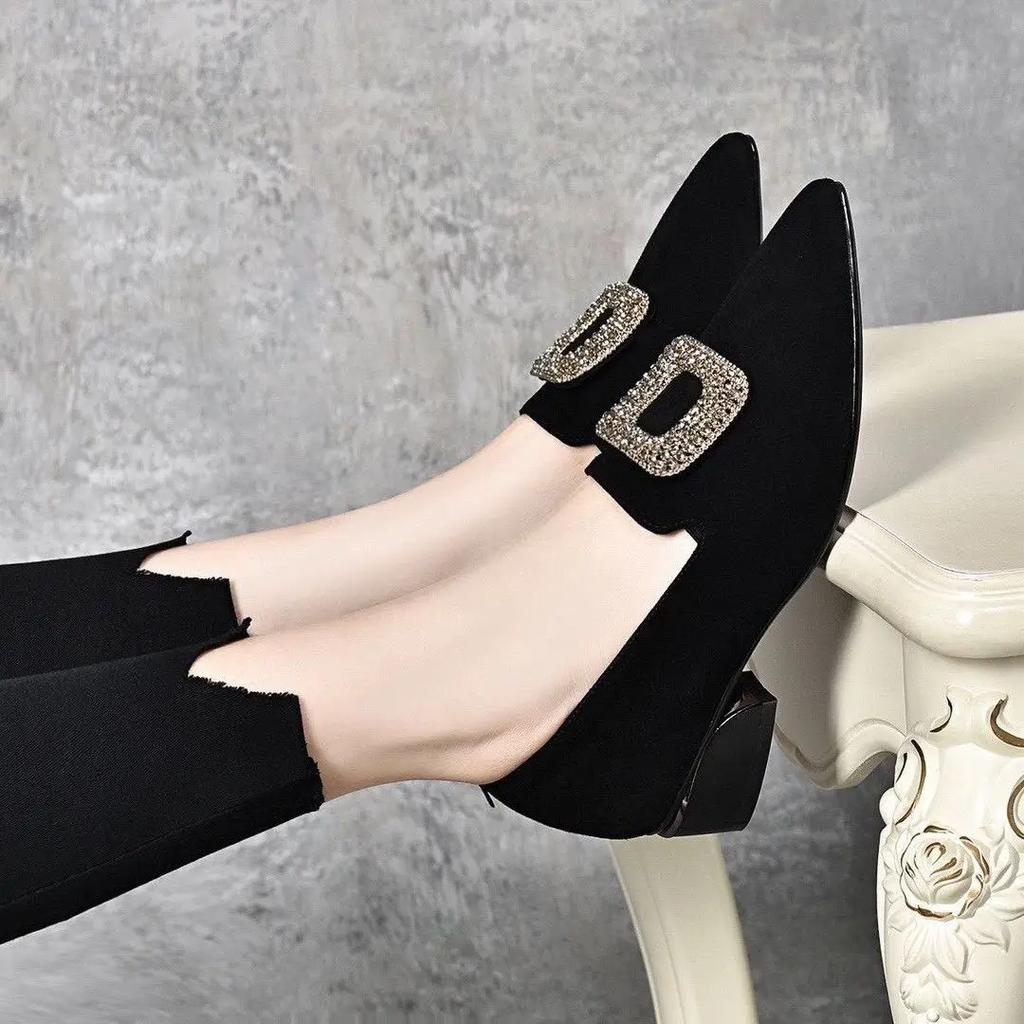 Fashion Diamond Shoes for Women Block Heel Pointed Toe Moccasins Woman Pumps Korean Style Casual Footwear Summer 2025 Vacation Popular