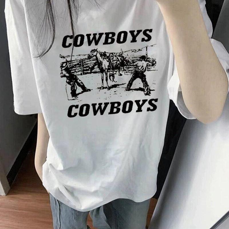 

Women Summer Cowboys Graphic Tee Short Sleeve Vintage Western T Shirt S белый