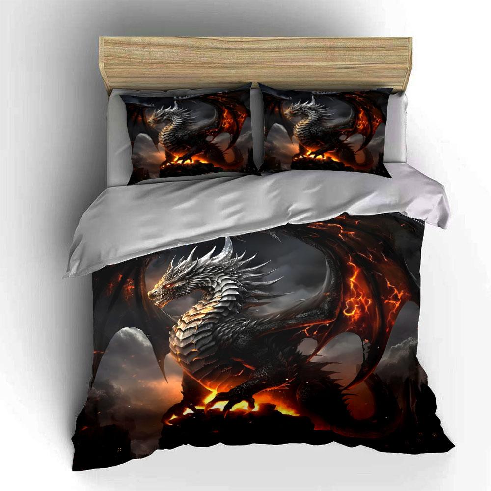 Silver dragon with flames. Bedding sets Duvet cover sets Duvet covers Pillowcases(1 * Duvet Cover 2 * Pillowcases without duvet insert)