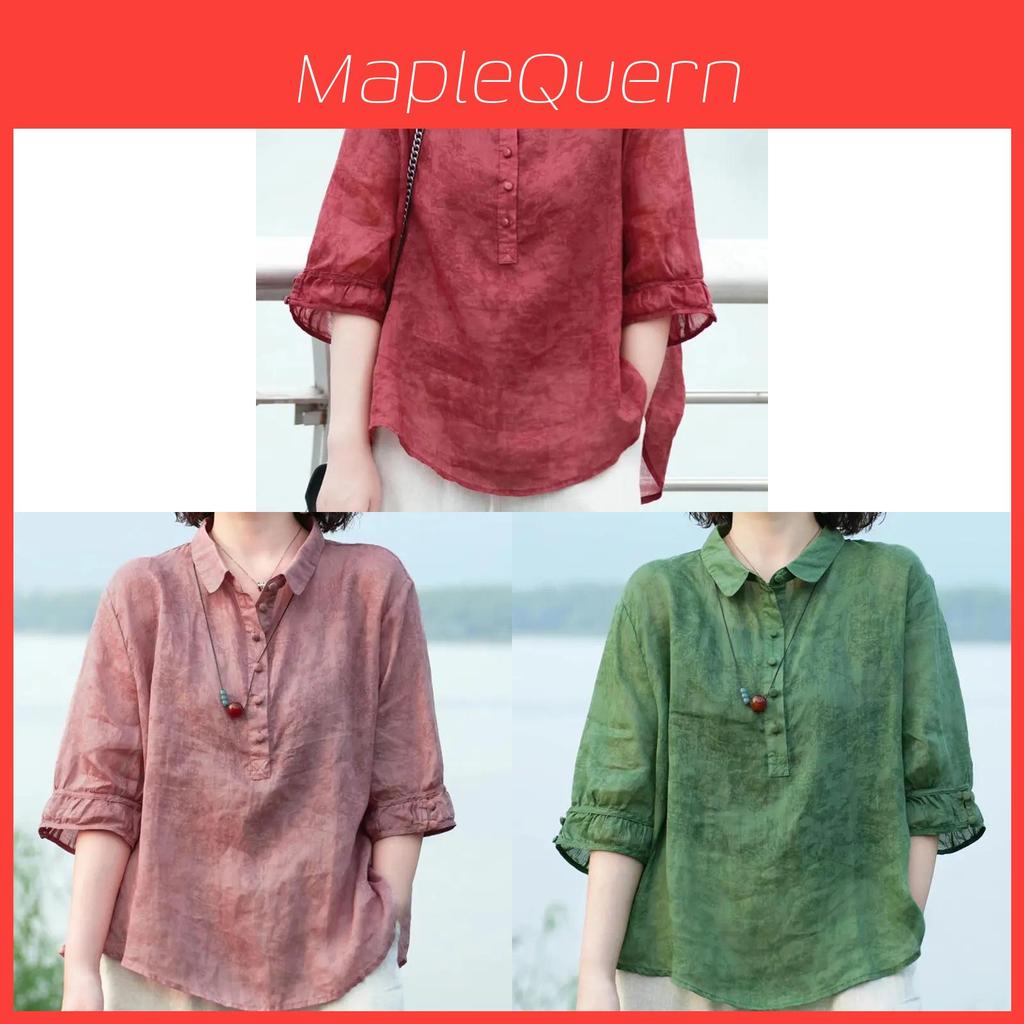 Vintage Floral Print Polo Neck Shirt For Women Summer Casual Loose Fit Blouse