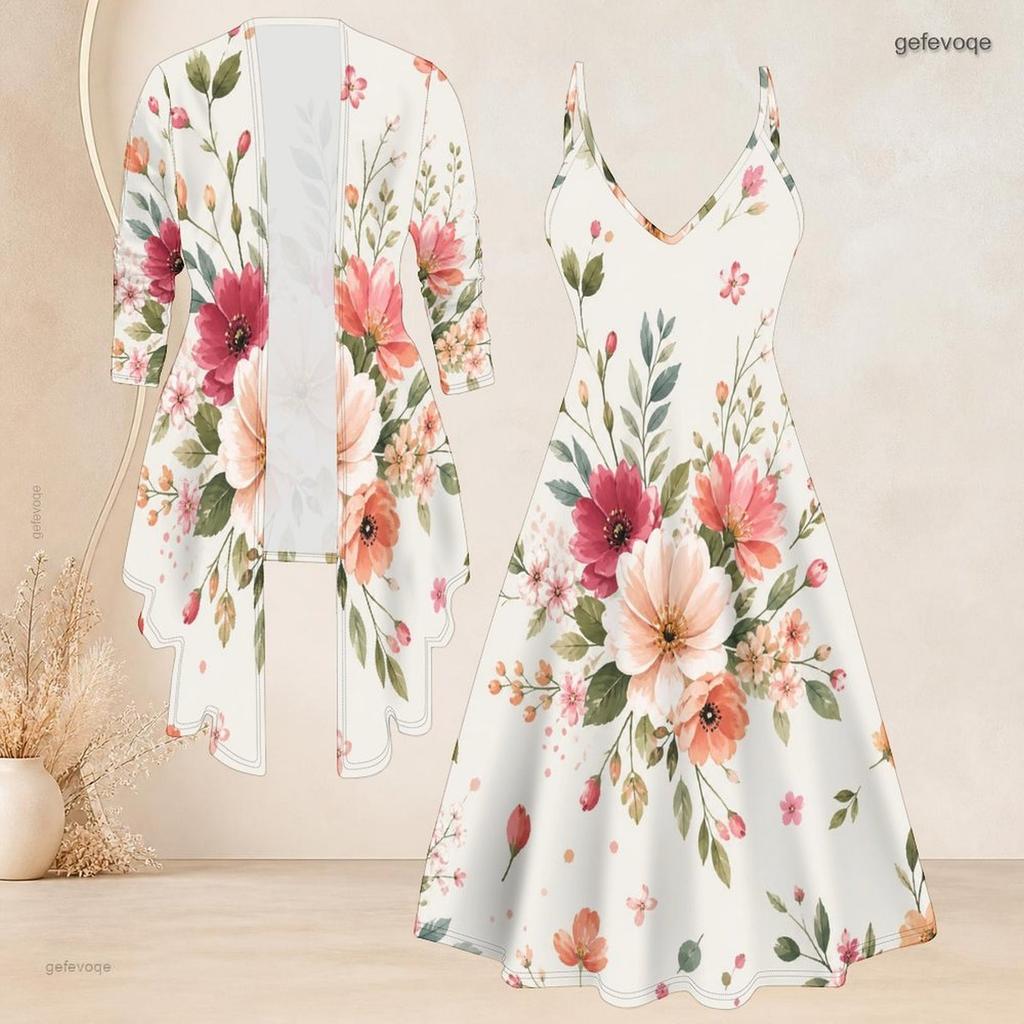 Women Plus Size Two Piece Matching Set Long Sleeve Cover Up Cami Maxi Dress