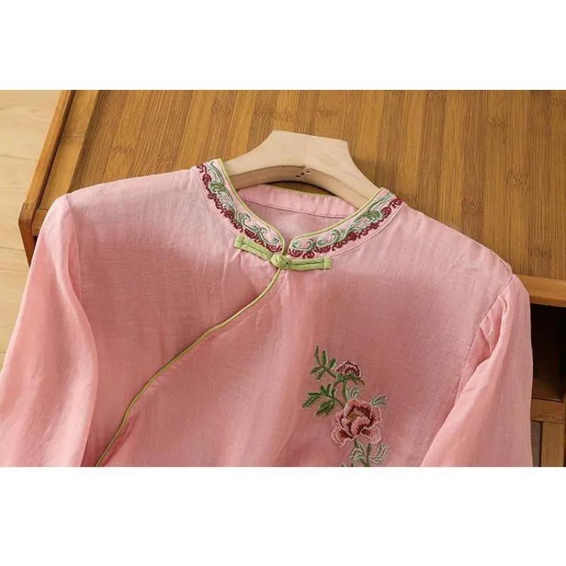 Chinese Style Slanted Collar Cheongsam Shirt Ummer Linen Retro Style Embroidered Literary Flair