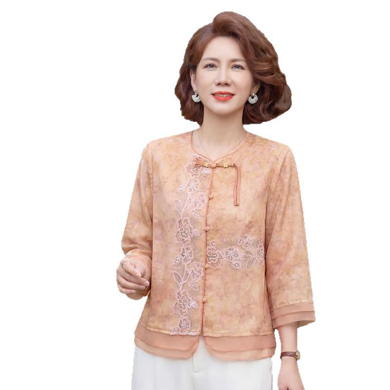 Summer 2026 Chinese Style Round Neck Top for Middle-Aged & Elderly Women