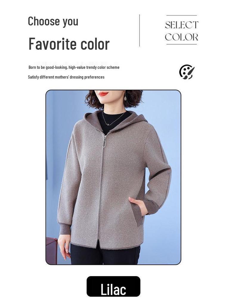 Módní pletený kardigan s kapucí 2025 pro středněvěké a starší ženy - Podzim/Zima