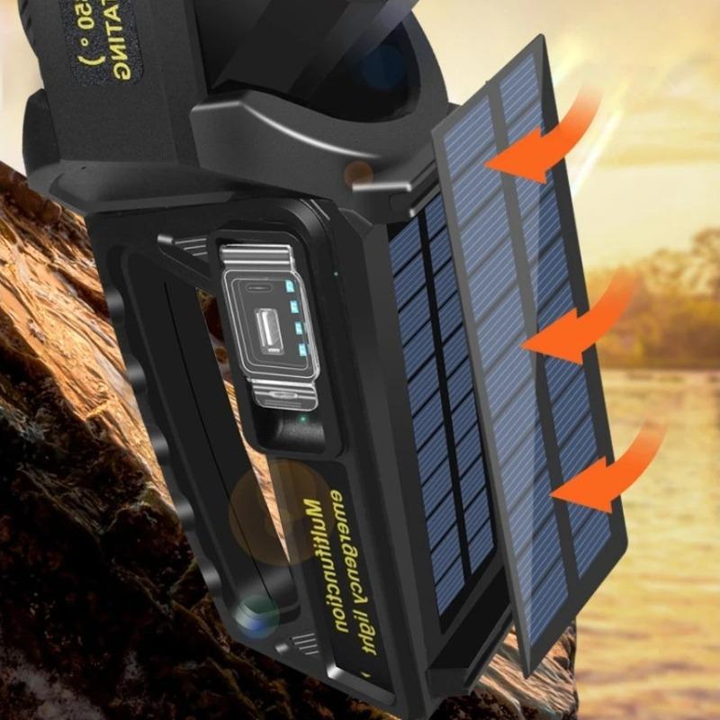 Rechargeable LED Spotlight Flashlight with 350° Rotate Head, 9 Modes, IPX6 Waterproof, Solar + TYPE-C Charging, Power Bank