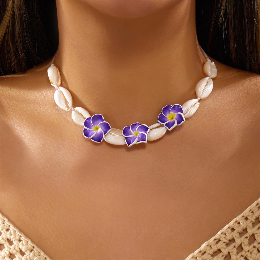 Bohemian Pink Plumeria Braided Necklace for Women Bohemia Sea Shell Hand-woven Choker Necklace Summer Beach Party Jewelry Gift