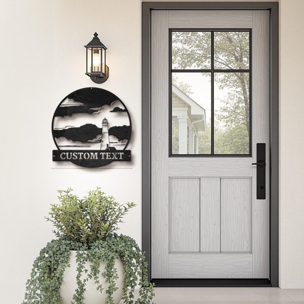 Custom Coastal Lighthouse Metal Wall Art Black White Design Personalized Text Nautical Beach House Decor