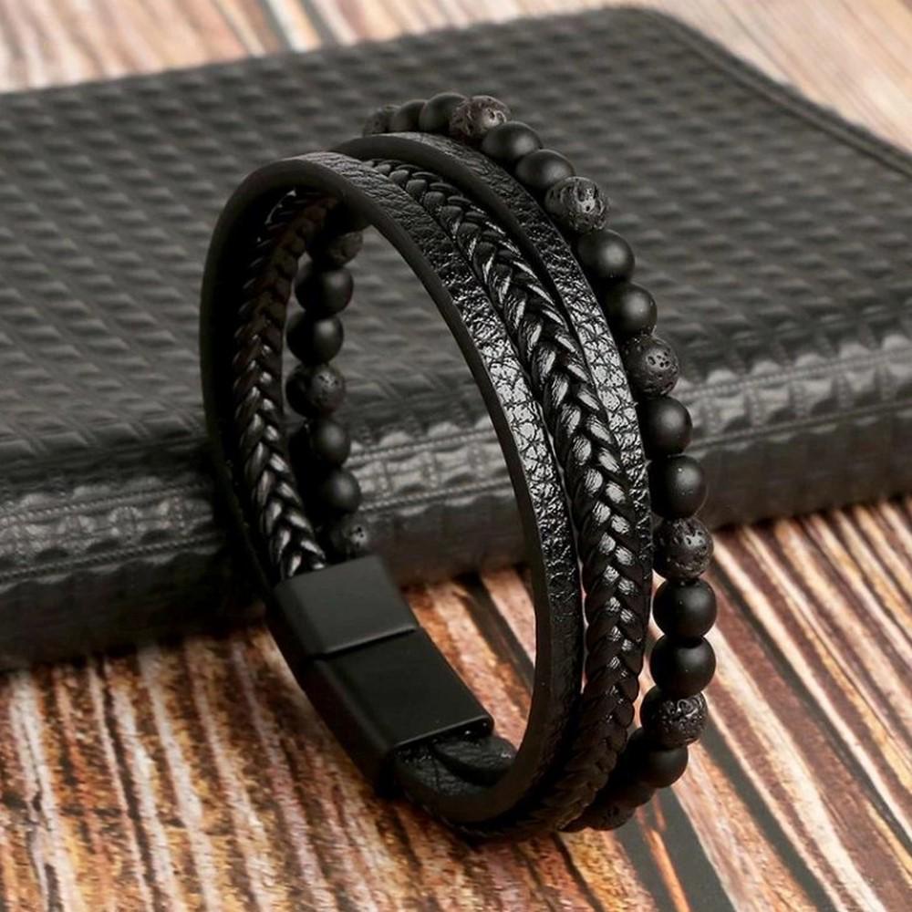 Men's Tiger Eye Stone Leather Bracelet - Multi-layer, Beaded, Fashionable, and Versatile.