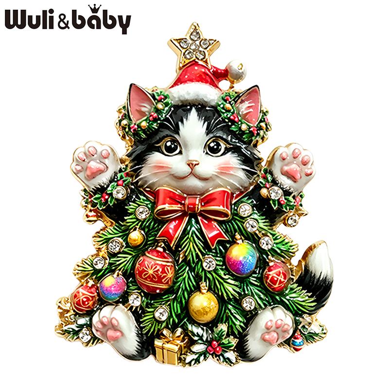 Wuli&baby Christmas Tree Cat Brooches For Women Unisex 2-color Rhinestone Happy Kitty New Year Party Causal Brooch Pins Gifts