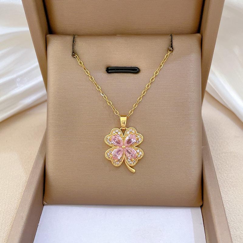 Lucky Pink Heart Zircon Clover Pendant Necklaces for Women Girls Sweet Stainless Steel Chain Necklace Jewelry Accessories Gifts